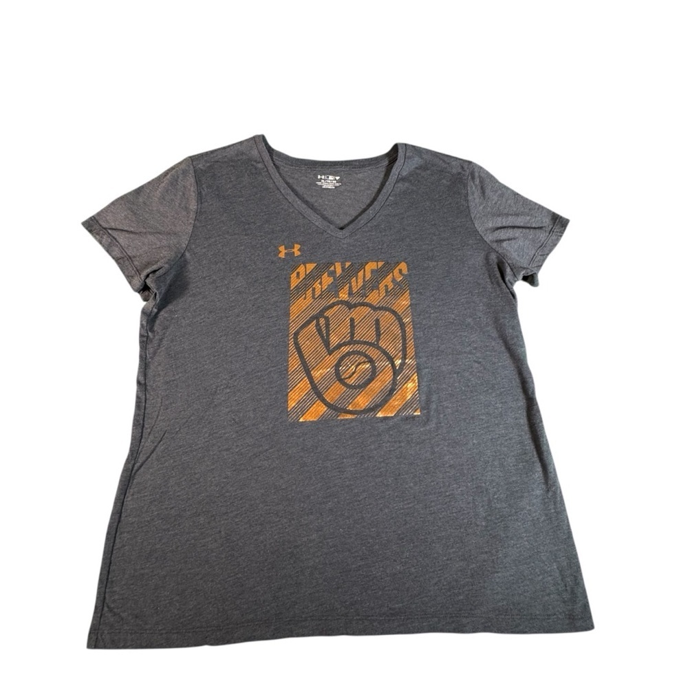 Under Armour Milwaukee Brewers Womens XL V Neck HeatGear T Shirt Blue Gold